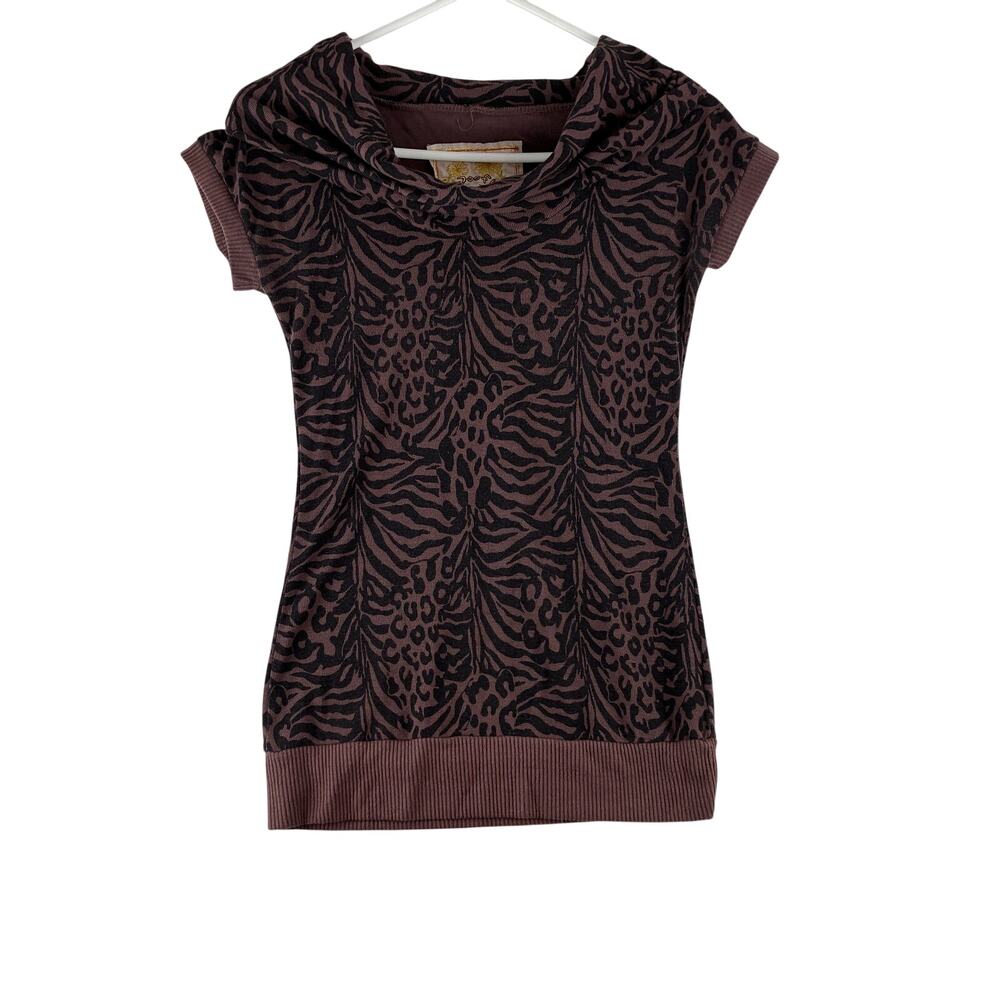 Vintage Poof! Y2K Drop Waist SS Knit Top Cowl Neck Women's Medium Animal Print
